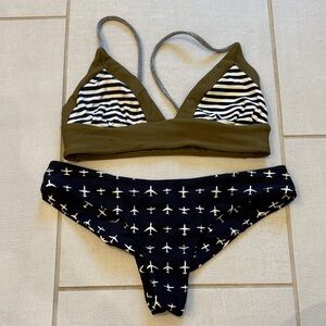 Boys + Arrows Olive Green Ribbed Triangle Top with Navy Plane-Print Bottoms